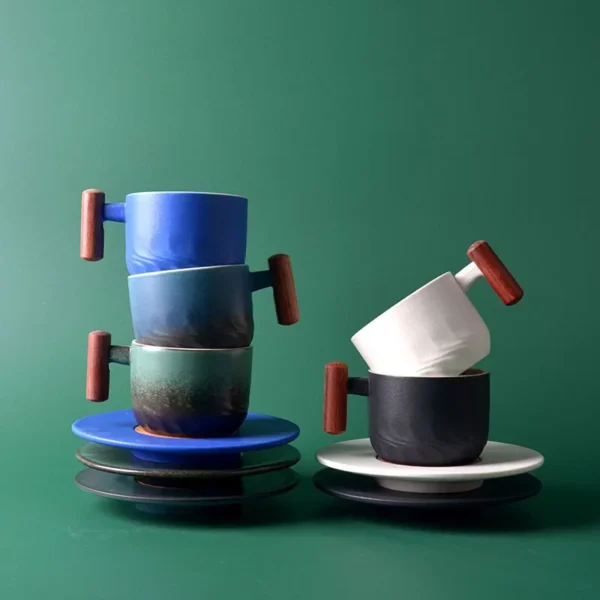 Creative Handmade Vintage Coffee Cup with Wooden Handle Ceramic Exquisite Retro Tea Mugs Gift Kitchen Bar Home Kiln Design Drink - Image 3