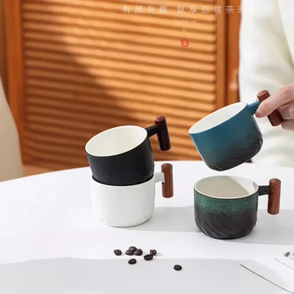 Creative Handmade Vintage Coffee Cup with Wooden Handle Ceramic Exquisite Retro Tea Mugs Gift Kitchen Bar Home Kiln Design Drink - Image 2