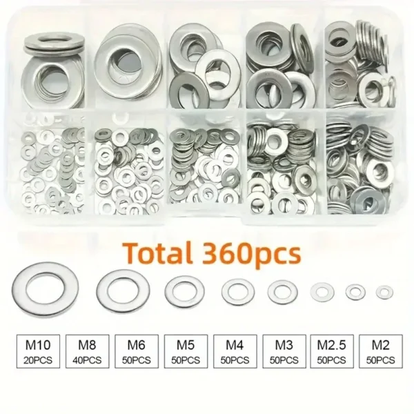360pcs 304 Stainless Steel Flat Washers Set, Perfect For Home Decor, Factory Repair, Kitchens, Shops & More - Image 2
