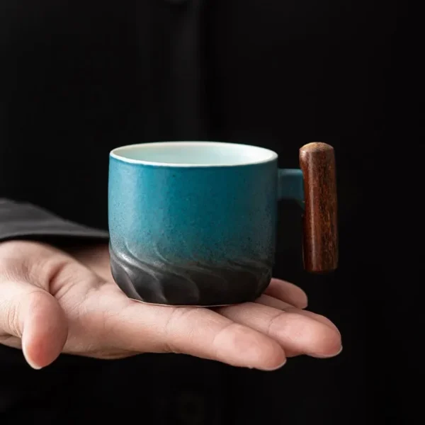Creative Handmade Vintage Coffee Cup with Wooden Handle Ceramic Exquisite Retro Tea Mugs Gift Kitchen Bar Home Kiln Design Drink - Image 4
